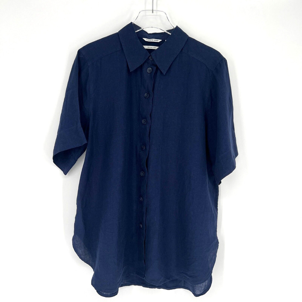 Country Road‎ Top Womens 12 Organic Linen Blue Button Up Collared Classic Scandi